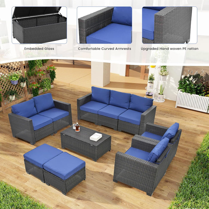 10 Pieces Patio Furniture Sets Outdoor,Manual Weaving Wicker Rattan Sectional Sofa Patio Conversation Sets with Cushions & Coffee Table with Hidden Storage for Outside, Balcony, Porch