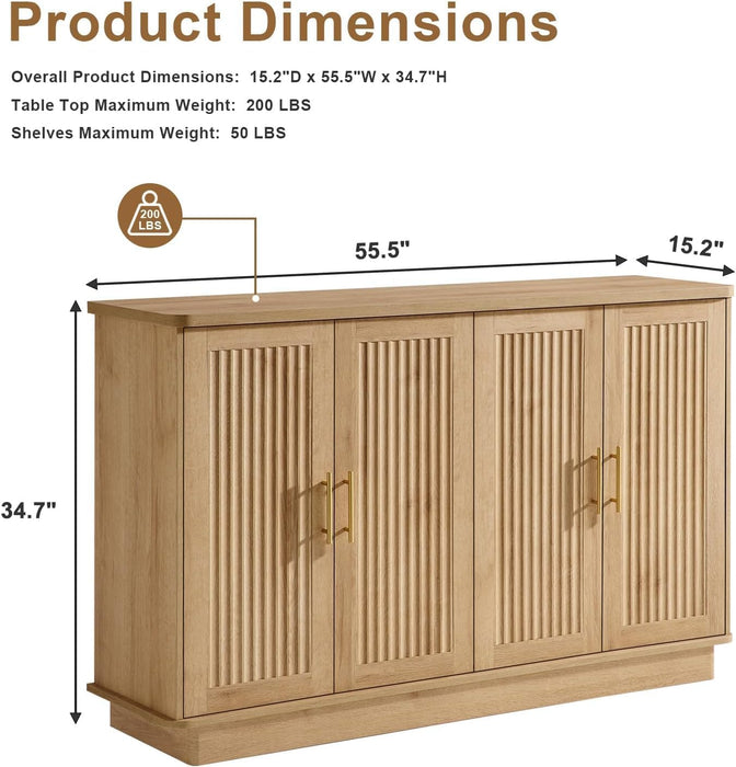 Modern Sideboard Buffet Cabinet with Storage, Oak | Fluted Coffee Bar Cabinet with 4 Doors & Adjustable Shelves for Kitchen, Dining Room, Living Room & Hallway