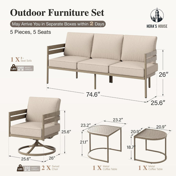 4-Piece Metal Patio Conversation Set, Swivel Chairs, Beige