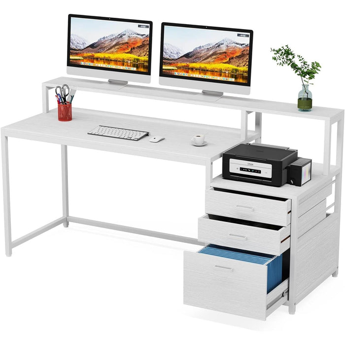 White Computer Desk with File Cabinet & Monitor Stand
