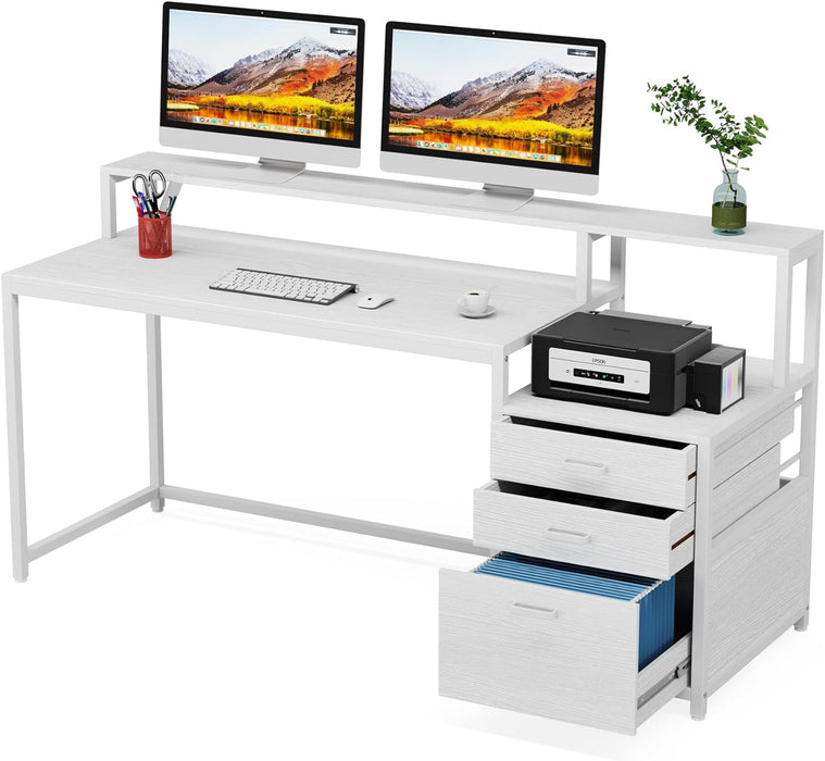 White Computer Desk with File Cabinet & Monitor Stand