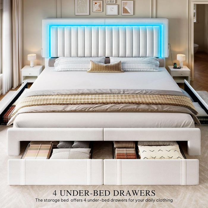 King Size Bed Frame with Adjustable Headboard, 4 Storage Drawers and RGB LED Lights, Velvet Upholstered Platform Bed with USB Ports, No Box Spring Needed, Fast Assembly, Noise-Free, White