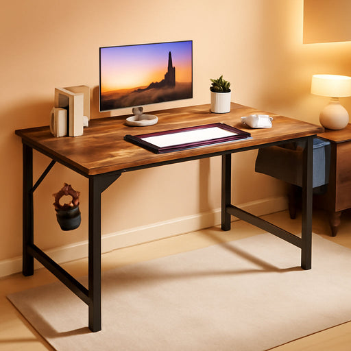 Computer Small Office Desk 40 Inch Writing Study Work with Storage Bag, Headphone Hooks, Home Simple Modern Wood Kids Student Table - Brown