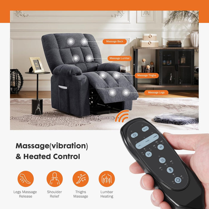 Recliner Chair, Reclining Massage Chair with Heat, Home Theater Seating with Lumbar Support, Adjustable Electric Power Lift Chair with Cup Holders Remote Control for Living Room, Grey