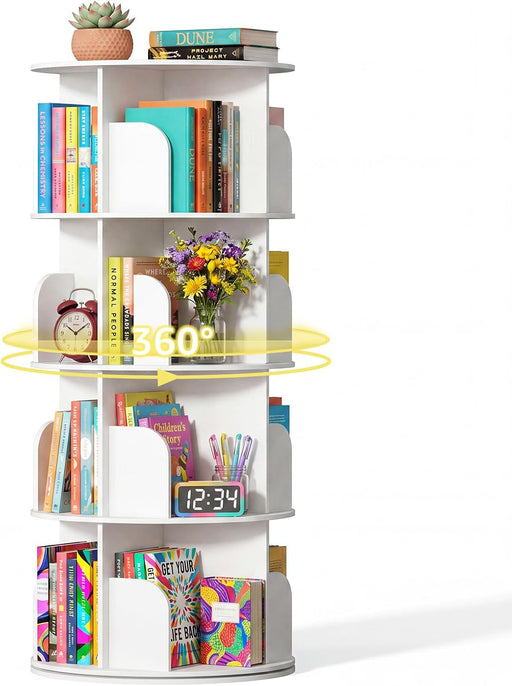 4 Tier Rotating Bookshelf Tower, Spinning Bookshelf for Small Space | 360° Display Revolving Bookcase Lazy Susan, Freestanding Vertical Corner Book Shelf for Bedroom, Living Room, Entryway, White
