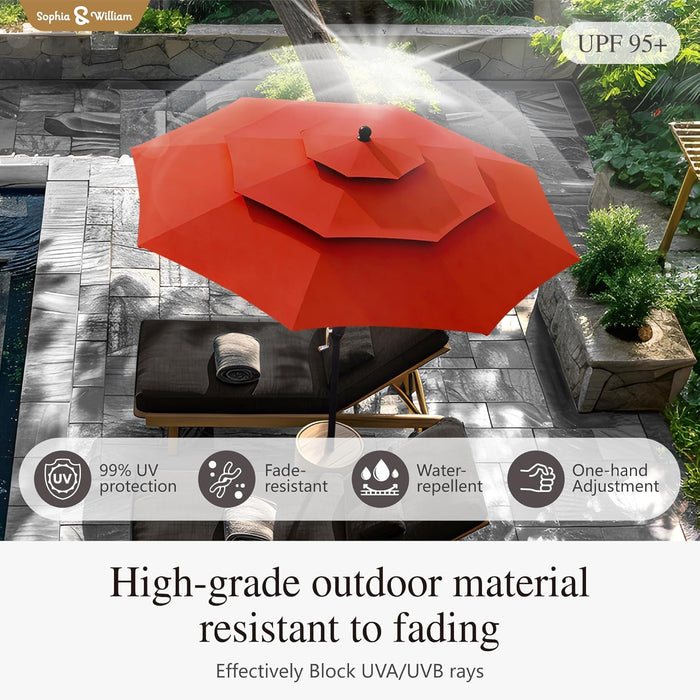 10Ft 3 Tier Auto-Tilt Patio Umbrella,Wind Resistent,Outdoor Patio Umbrellas Double Vented Umbrella with Crank for Pool Garden Backyard, Red