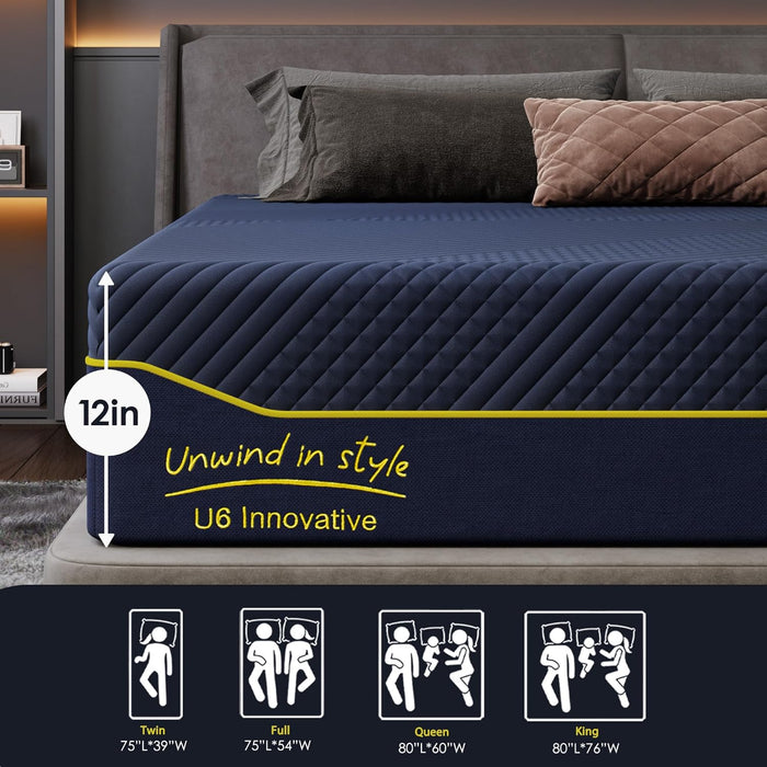 Queen Mattress 12 Inch Memory Foam Medium with Green Tea Cooling Gel, Certipur-Us Certified, Breathable & Supportive Mattress in a Box, with Removable Cover, Navy Blue