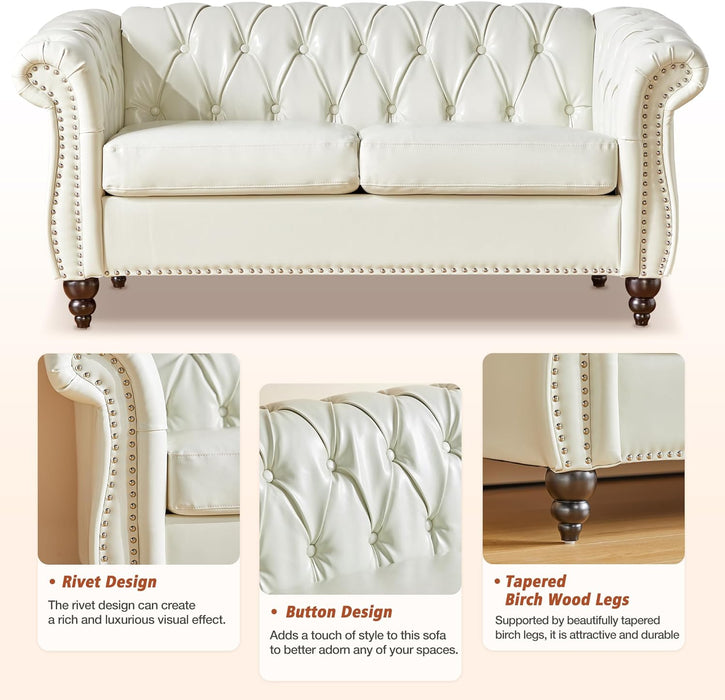 2 Piece Living Room Set, Chesterfield Faux Leather Sofa Couch Chair with Scroll Arms and Nailhead for Living Room, Office (White)