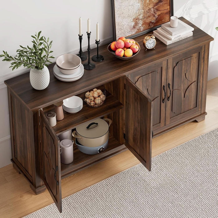 63 Inch Buffet Cabinet with Storage, 4 Carved Doors, Brown