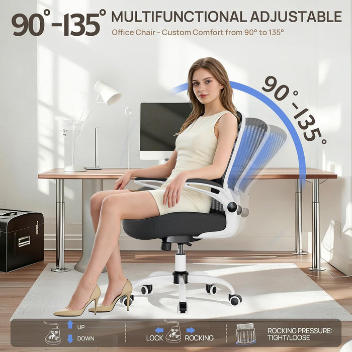 Ergonomic Office Chair - Desk Chair with Flip-Up Armrests & 135° Recline, Adjustable Lumbar Support - Space-Saving Task Chair for Business/Team Office & Home (White Frame-Black, 300Lbs)