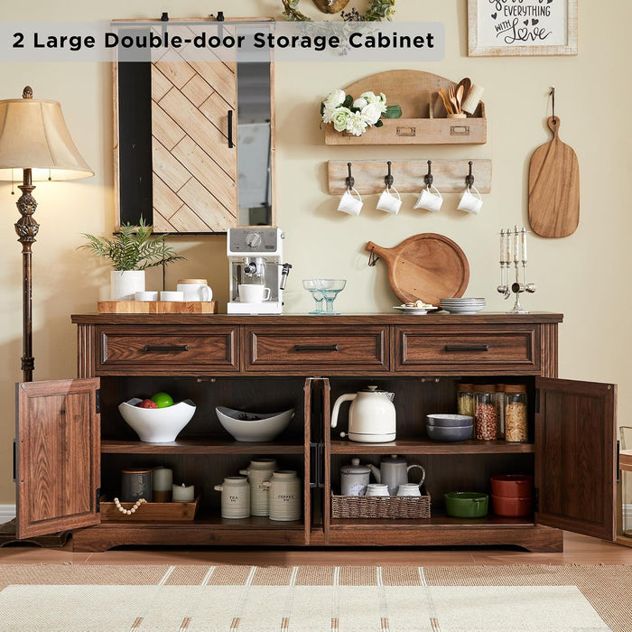 66" Farmhouse Buffet Cabinet with Storage, Sideboard Credenza, Carved Cloud-Inspired Doors, 3 Drawers & Adjustable Shelves, Coffee Bar Cabinet, Dark Brown