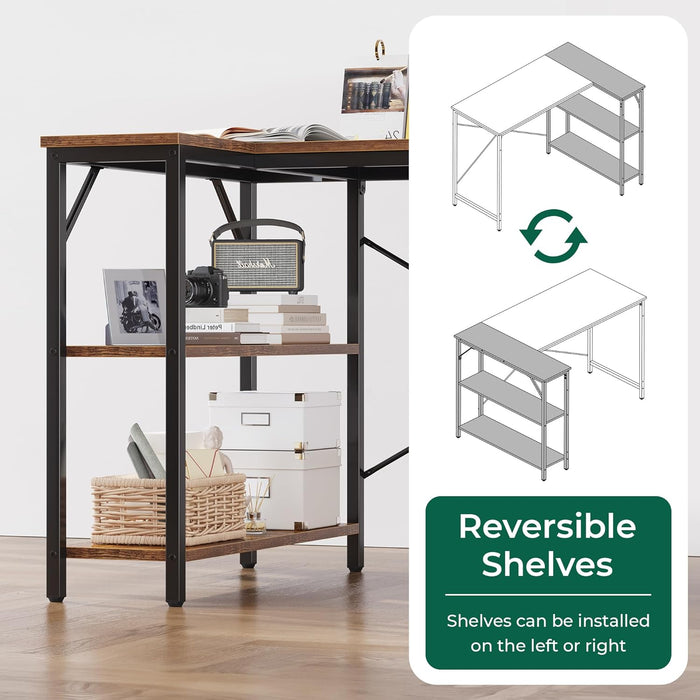 47 Inches L Shaped Desk, Computer Desk with Reversible Storage Shelves, Gaming Desk, Corner Desk Home Office Desks, Writing Desk Study Desk with Metal Frame, Rustic Brown