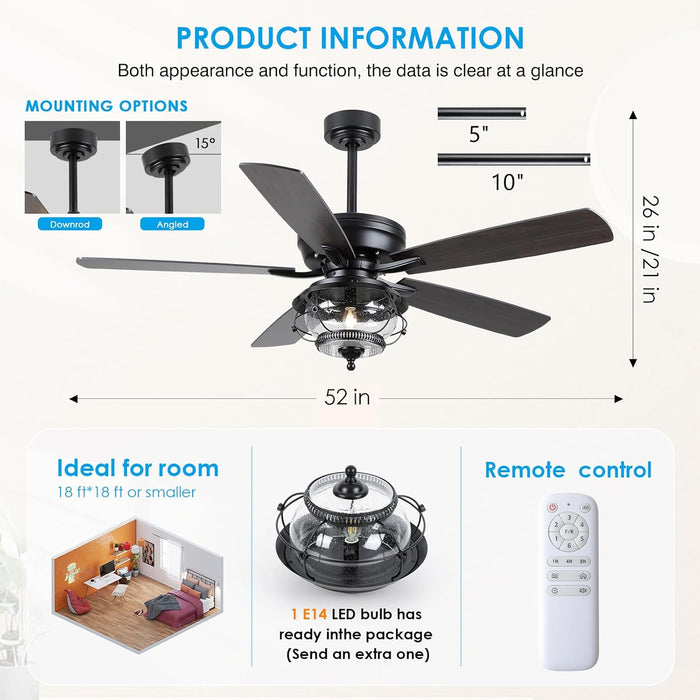 Outdoor Ceiling Fans with Light and Remote - 52 Inch Waterproof Wet Rated Ceiling Fan, 6 Speeds Modern Black Fan Lights with 2 Styles Reversible Blades for outside Patios Gazebos Bedroom