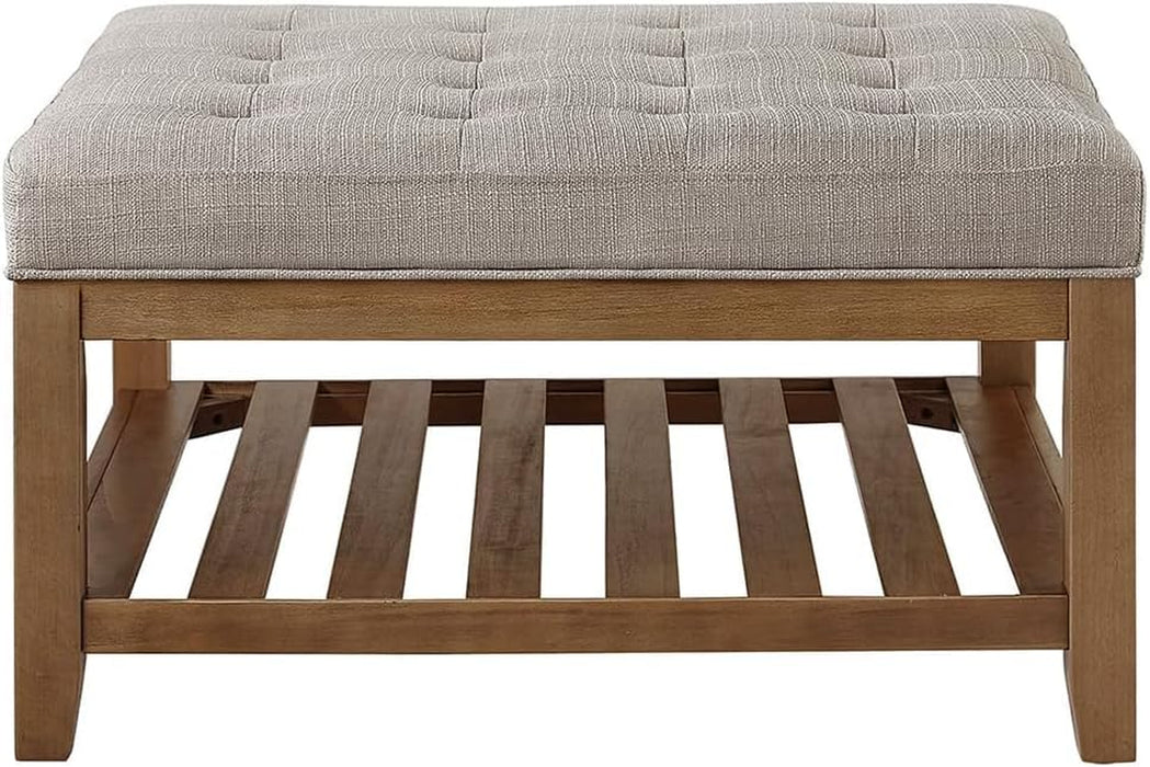 Large Square Upholstered Tufted Linen Ottoman Coffee Table, Large Footrest Ottoman with Solid Wood Shelf-Linen