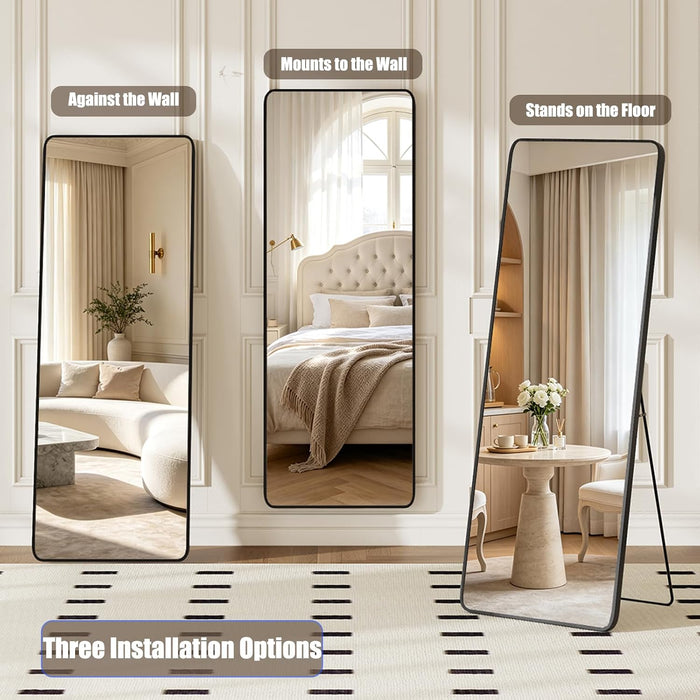 57"X21" Rectangle Full Length Mirror, Black Aluminum Frame Floor Mirror with Stand, HD Shatterproof Glass & Rust-Proof Body Mirror for Bedroom, Living Room, Bathroom, Entryway