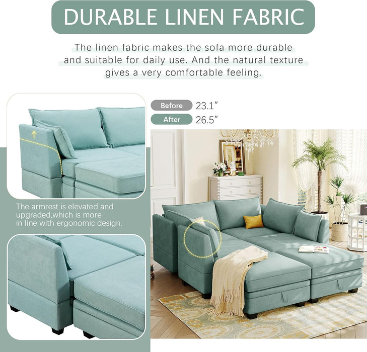 Large U-Shaped Combination Corner Sofa with Storage Seat, Modular Sectional Sofa with Reversible Chaise, for Living Room, Office, and Spacious Space, Light Green