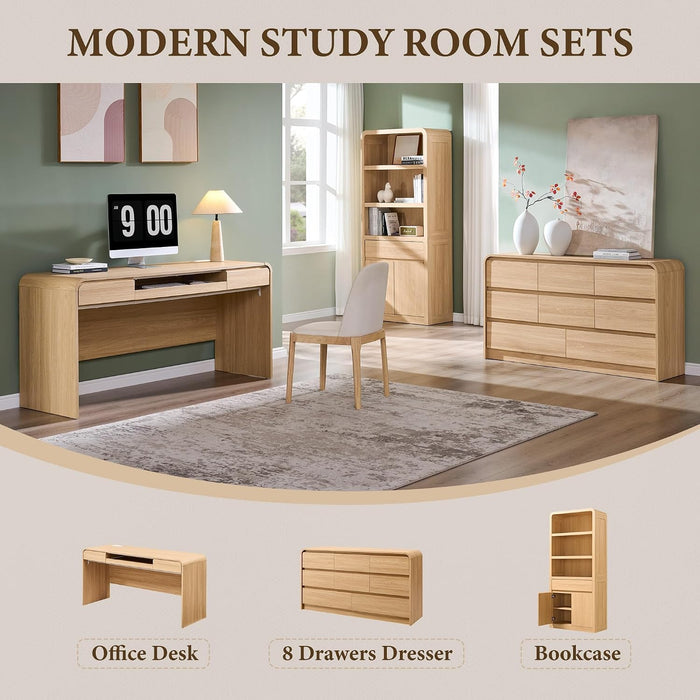 63" Curved Edge Home Office Desk, Modern Computer Desk, Natural