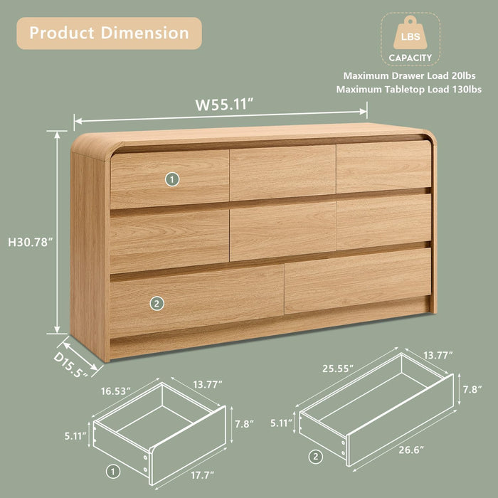 Modern 8 Drawers Dresser for Bedroom, 55" Wide Dresser, Natural Oak