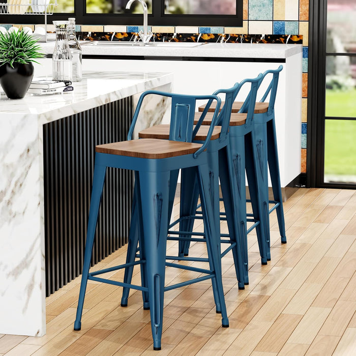 24" Metal Bar Stools Set of 4 Counter Height Barstools, Industrial Counter Stool Kitchen Bar Chairs with Modern Wooden Seat, Distressed Navy