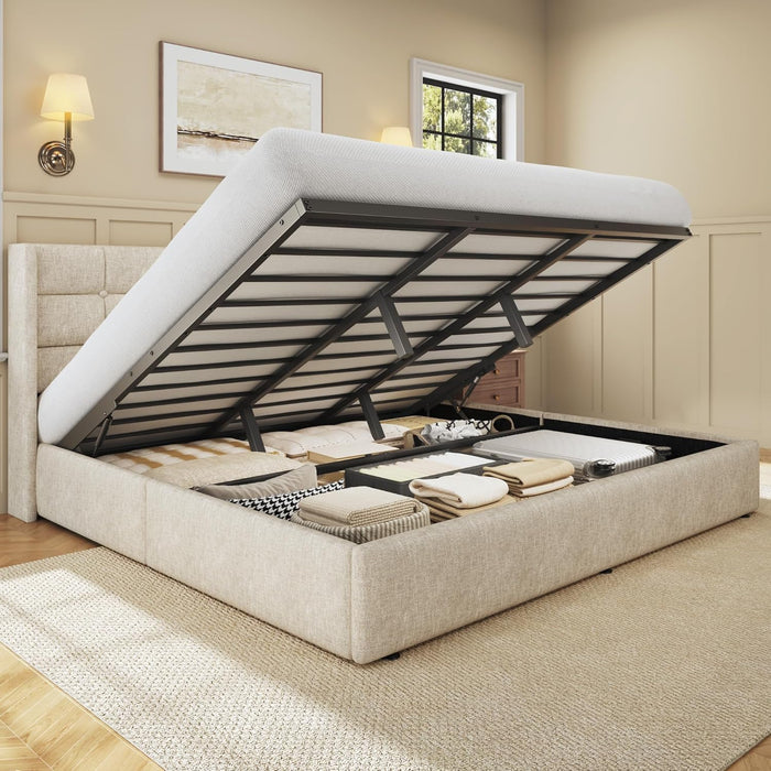 King Size Lift up Storage Bed Frame, Linen Upholstered Platform Bed with Wingback Headboard, Heavy Duty Hydraulic Gas Lift Underbed Space, Reinforced Full Metal Slats, Noise Free, Beige