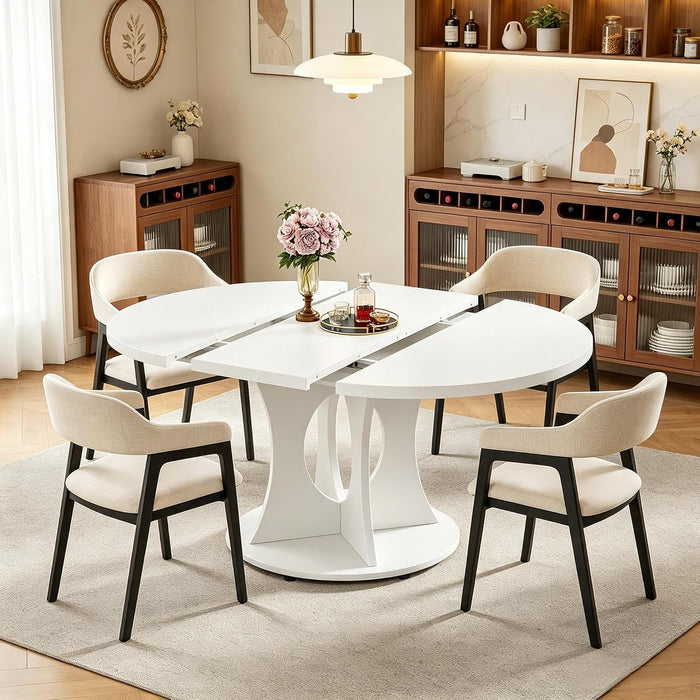 43-59" Expandable round Dining Table, Kitchen Table with Hidden Storage | Space Saving White Modern Design, Solid Pedestal Base for Dining Room & Small Apartments, Wood Table, Easy Assembly
