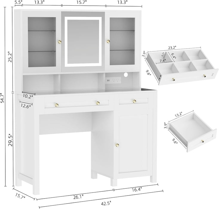White Makeup Vanity Desk with LED Mirror and RGB Lights and Power Outlet, Morden Glass Top Vanity Table with Drawer & Storage Cabinet & Adjustable Shelves, Large Dressing Table for Bedroom