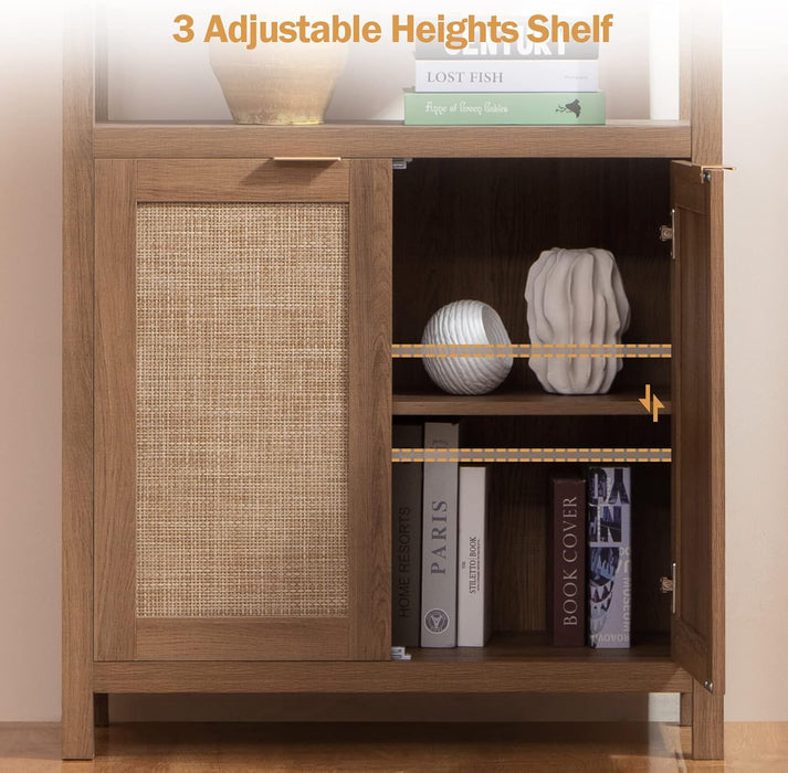 71" Tall Rattan Bookshelf with Doors for Living Room Library | 5 Tier Book Shelf Storage Shelves Large Boho Bookshelves Farmhouse Bookcase Book Case for Bedroom Home Office Kitchen