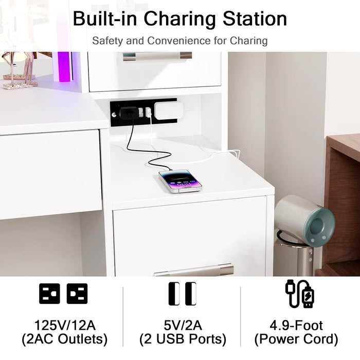 Vanity Desk with Mirror and Lights 43.3'' Large Makeup Vanity with Ambient Light & Power Outlet Dressing Table with 7 Drawers