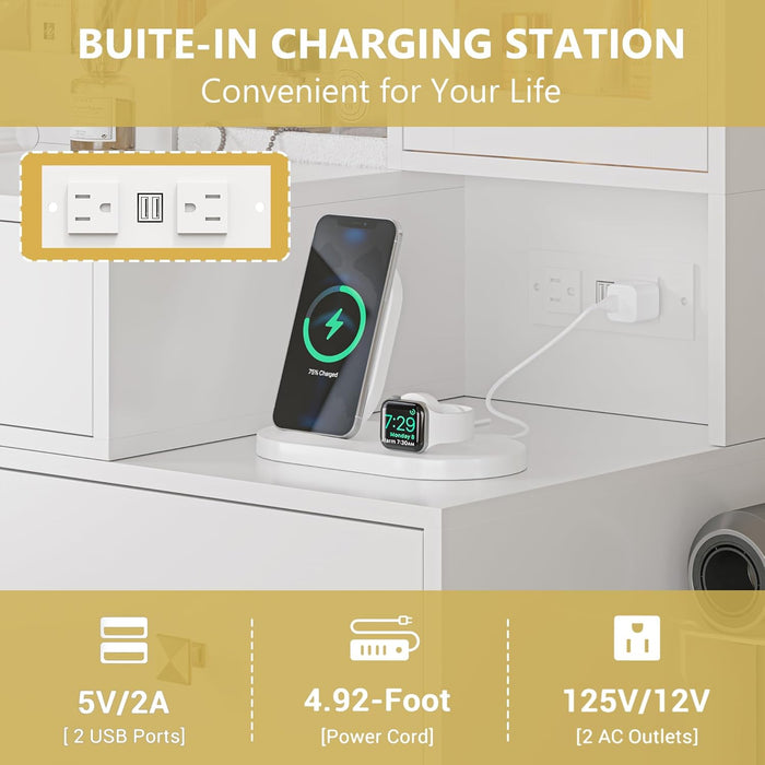 Vanity Desk with Mirror and Lights, Makeup Vanity Table Set with 5 Storage Drawers, Power Outlet & Chair, Small Dressing Table with RGB Ambient Light, Adjustable Brightness for Girls Bedroom, White