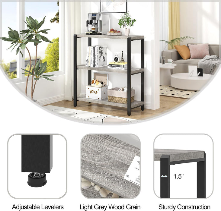3 Tier Bookshelf, Industrial Wood and Metal Book Shelf and Bookcase, Short Book Case for Office Living Room Bedroom, Light Grey