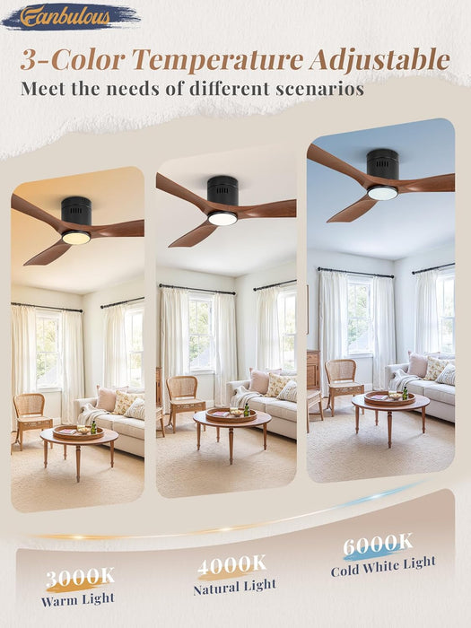 52" Ceiling Fans with Lights and Remote Control,Modern Flush Mount Ceiling Fan with 3 Cct,Low Profile Ceiling Fans with 6-Speeds Reversible DC Motor for Patio Living Room Bedroom(Walnut)