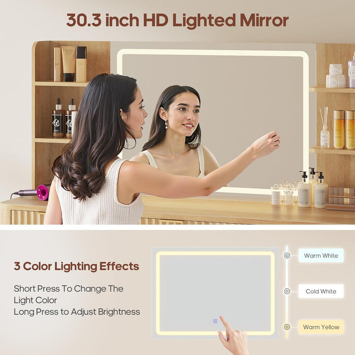 51.2" Fluted Makeup Vanity Desk with Large 30.3" Mirror and Lights, 5 Drawer Vanity with Power Strip, 6 Open Shelves, 2 Cabinet，Modern Dressing Table with Solid Wood Legs for Bedroom, Oak