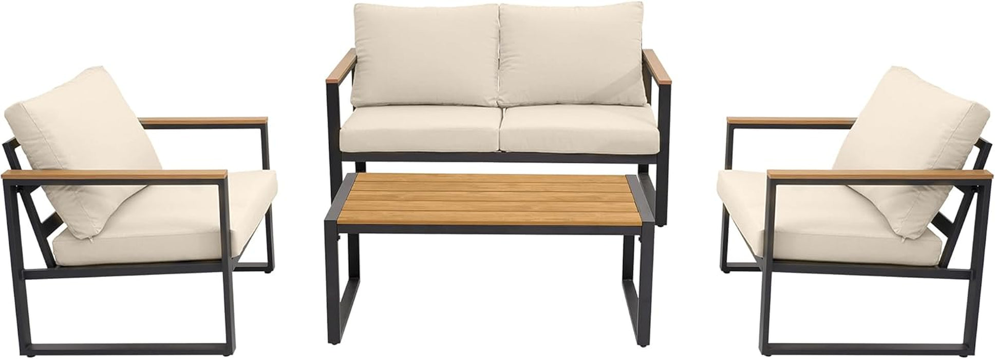 Patio Furniture Set, 4 Pieces Outdoor Patio Furniture with Coffee Table Set, Metal Patio Conversation Sets with Washable and High-Resiliency Sponge Cushions, Upgarded Beige