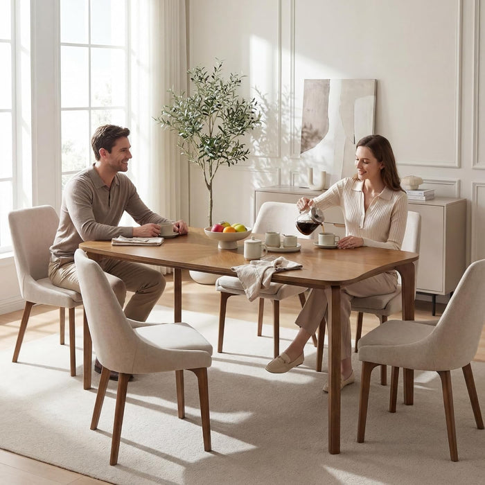 Mid-Century Modern Walnut Color Dining Table, 63" Rectangular Kitchen Table with Solid Wood Legs, Curved Edges, 6-Person Table for Dining Room Living Room Kitchen