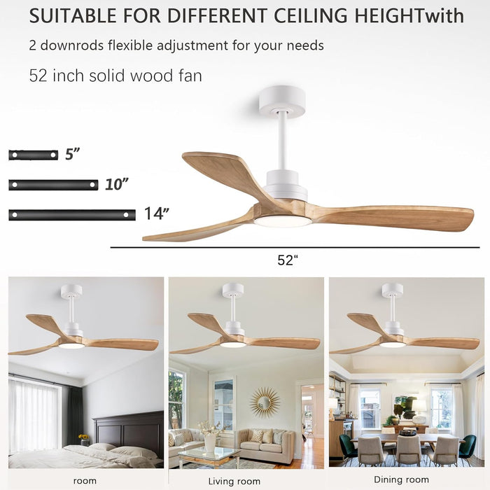 52" Wood Ceiling Fan with Light with Remote Control Ceiling Fan with 3 Wood Blades, Solid Wood Ceiling Fan Indoor Outdoor for Dining Room, Living Room, Office, Farmhouse Etc.…