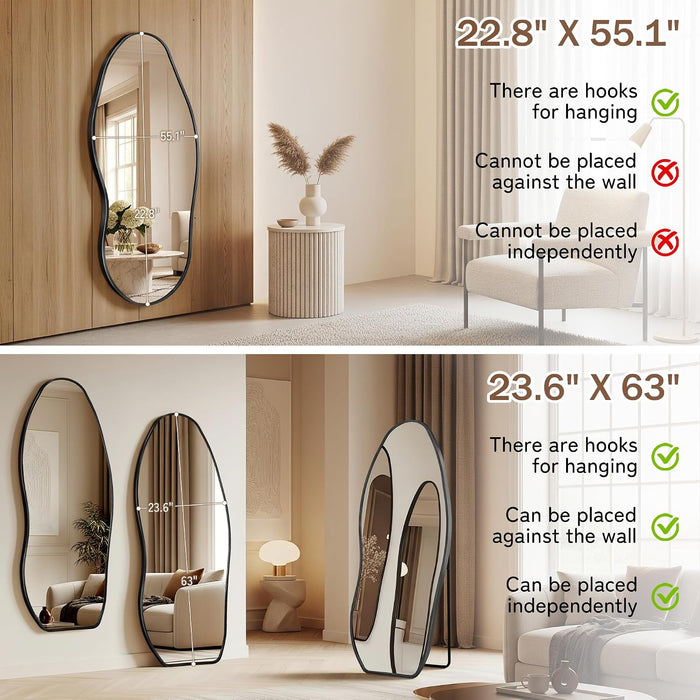 Irregular Full Length Mirror -Black Decor Floor Mirror with Stand 63"X 24"