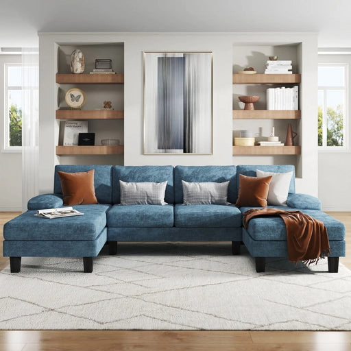 Modern U-Shape Sectional Sofa, Chenille Fabric Modular Couch, 4 Seat Oversized Sofa with Chaise for Living Room, Blue