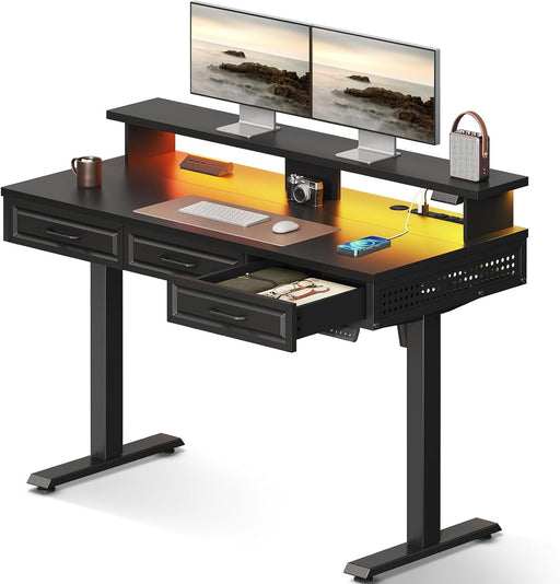 Electric Standing Desk with 3 Wooden Drawers, 48 Inch Height Adjustable Desk with Power Outlets & LED Lights, Black Sit Stand Table with Monitor Stand for Home, Office, Workstation