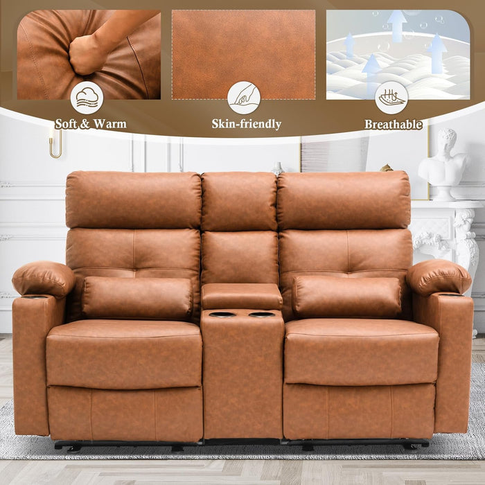 Power Loveseat Recliner Sofa with Console, Loveseat Reclining Sofa with Heat & Massage, Home Theater Seating with Lumbar Pillow for Living Room, RV Recliner Loveseat(Pu, Yellowish Brown)
