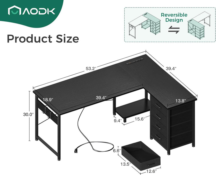 L Shaped Gaming Desk with 4 Drawers, 53" Reversible Home Office Desks with Power Outlets, L Shaped Computer Desk with USB Charging Port and Host Stand, Corner Desk, Easy to Assemble, Black
