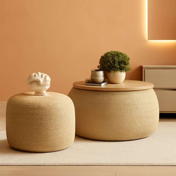 Round Storage Ottoman Set of 2 with Removable Tray 25 Inch Large Upholstered Footstool, Perfect as a Bedside Bench for Living Room or Bedroom (Naturai)