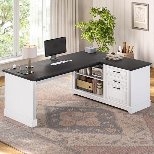 Farmhouse 61" Executive L Shaped Desk, Home Office Desk with File Drawers, Computer Desk with Power Outlets and Storage Shelves for Home Office, White