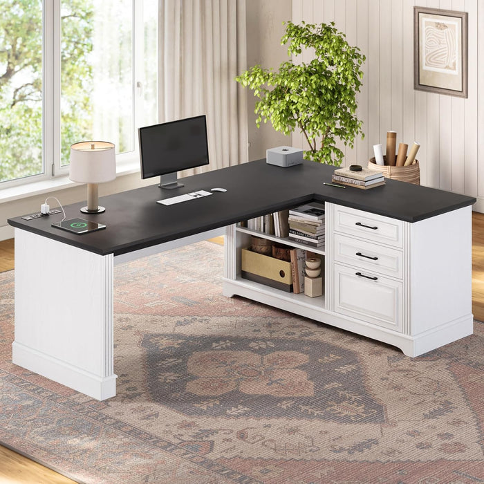 Farmhouse 61" Executive L Shaped Desk, Home Office Desk with File Drawers, Computer Desk with Power Outlets and Storage Shelves for Home Office, White
