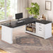Farmhouse 61" Executive L Shaped Desk, Home Office Desk with File Drawers, Computer Desk with Power Outlets and Storage Shelves for Home Office, White