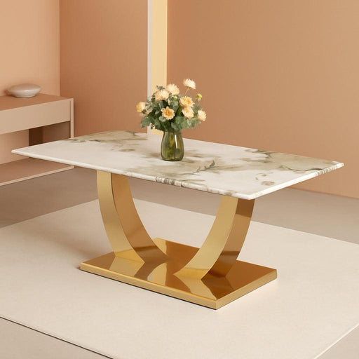 71' Faux Marble Dining Table - Dining Room Table for 6-8, Gold Kitchen Table with 0.4 Thickened Marble Pattern Tempered Glass Top and Golden Rectangular Base