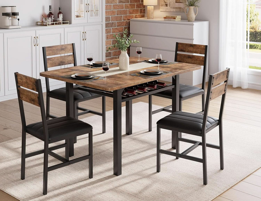Extendable Dining Table Set for 4 with Built-In Shelf Rack Brown