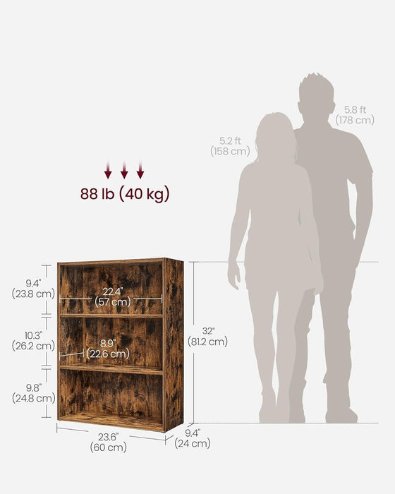 CUSTOS Collection - Bookshelf, 3-Tier Bookcase, Book Shelf, Open Storage Shelf, 9.4 X 23.6 X 32 Inches, for Living Room, Home Office, Dinning Room, Rustic Brown ULBC163X01