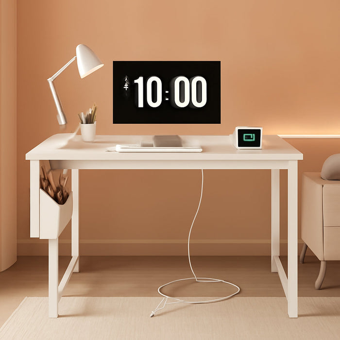 39 Inch White Computer Desk with Power Outlet, 40 Inch Teen Study Table Home Office Work Writing Desks with Charging Station Outlets Built In, White