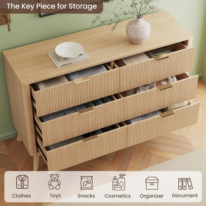 Fluted 6 Drawer Dresser,49.6'' Modern Wooden Dresser with Drawers, Curved Deep Drawer TV Stand, Natural Wood Chest of Drawers for Bedroom,Living Room, Hallway (Oak)