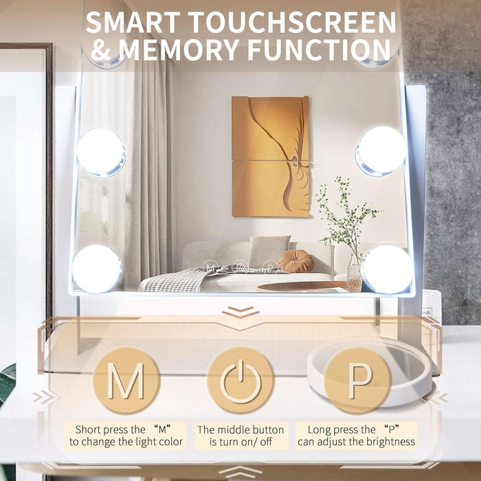 Hollywood Vanity Mirror with Lights, 12 Dimmable LED Bulbs Lighted Makeup Mirror with Detachable 10X Magnification Mirror, 1000Mah Rechargeable, 3 Color Lights, Touch Control